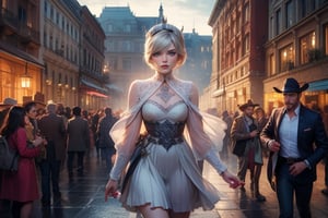  masterpiece,best quality, highly detailed, cowboy shot, weiss schnee,1girl,solo,scar across eye, walking with male guest in immense courtyard, near  fountain, crowd, (volumetric lighting), intricate details, tonemapping, sharp focus, hyper detailed poakl, 