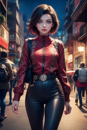 masterpiece,best quality, highly detailed, ruby_rose,1girl,solo,looking_at_viewer, cowboy shot, walking, in futuristic city street, night, stars, poakl