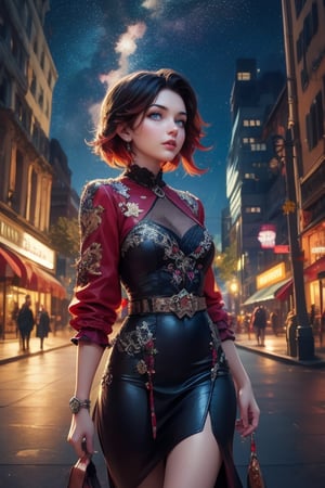 masterpiece,best quality, highly detailed, ruby_rose,1girl,solo,looking_at_viewer, cowboy shot, walking, in futuristic city street, night, stars, poakl