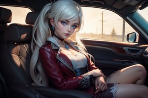  masterpiece,best quality, highly detailed, weiss schnee,1girl,solo,scar across eye,  cowboy shot, sitting modestly in limousine, (volumetric lighting), intricate details, tonemapping, sharp focus, hyper detailed poakl, 