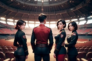 masterpiece,best quality, highly detailed, ruby_rose, very short black hair with red highlights, looking_at_viewer, ((cowboy shot)), wearing military uniform, standing with 3 fellow female officers, standing in stadium, small crowd, spectators, poakl