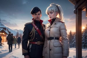 masterpiece,best quality, highly detailed, weiss schnee, scar across eye, long white hair, side ponytail, cowboy shot, she is wearing a white coat over military uniform, standing with black haired female officer on snow covered mountain slope, near ski lodge, other military officers are present, crowd, (volumetric lighting), intricate details, tonemapping, sharp focus, hyper detailed poakl,