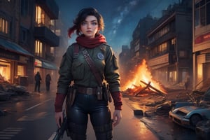 masterpiece,best quality, highly detailed, (ruby_rose, looking_at_viewer,  cowboy shot), standing, with white haired female military officer, officer with long white ponytail, in futuristic city street, night, stars, female military on street, post-war ruins in distance, bonfire, post-apocalypse, dystopian future, poakl