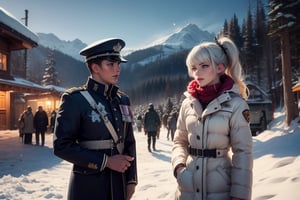 masterpiece,best quality, highly detailed, weiss schnee, scar across eye, long white hair, side ponytail, cowboy shot, she is wearing a white coat over military uniform, standing with black haired female officer on snow covered mountain slope, near ski lodge, other military officers are present, crowd, (volumetric lighting), intricate details, tonemapping, sharp focus, hyper detailed poakl,