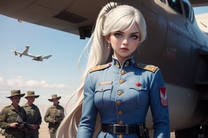 masterpiece,best quality, highly detailed, weiss schnee, scar across eye, long white hair, side ponytail, cowboy shot, she is wearing a military uniform, standing with female military officer in front of private jet,  other military officers are present (volumetric lighting), intricate details, tonemapping, sharp focus, hyper detailed poakl,