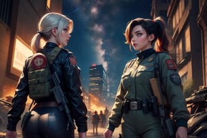 masterpiece,best quality, highly detailed, ruby_rose, looking_at_viewer,  cowboy shot, patrolling with white haired female military officer, officer with long white ponytail, in futuristic city street, night, stars, female military on street, post-war ruins in distance, bonfire, post-apocalypse, dystopian future, poakl