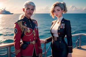 masterpiece,best quality, highly detailed, ruby_rose, looking_at_viewer, ((cowboy shot)), wearing military uniform, standing on pier, next to luxury yacht, with white haired female military officer, officer with long white ponytail, in private jet above the sea,  other military officers on jet, poakl