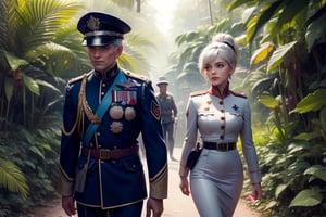  masterpiece,best quality, highly detailed, weiss schnee, scar across eye, long white hair, side ponytail, cowboy shot, she is wearing a military uniform, walking with military officer in tropical rainforest, lush vegitation, disused building,  other military officers are present with weapons (volumetric lighting), intricate details, tonemapping, sharp focus, hyper detailed poakl, 