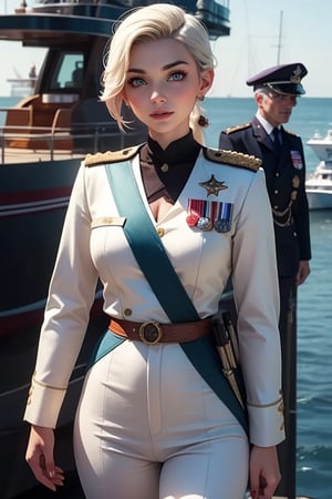 masterpiece,best quality, highly detailed, ruby_rose, looking_at_viewer, ((cowboy shot)), wearing military uniform, standing on pier, next to futuristic yacht, with white haired female military officer, officer with long white ponytail, other military officers, poakl