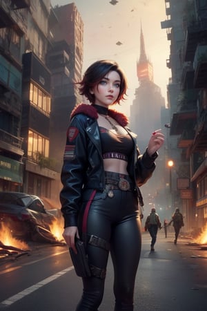 masterpiece,best quality, highly detailed, (ruby_rose, looking_at_viewer,  cowboy shot), standing, in futuristic city street, night, stars, female military on street, post-war ruins in distance, bonfire, post-apocalypse, dystopian future, poakl