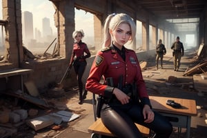 masterpiece,best quality, highly detailed, ruby_rose, looking_at_viewer, ((cowboy shot)), walking with white haired female military officer, (officer with long white ponytail), other officers, sitting in colapsed school buildings, desks bonfire, rubble, post-apocalypse, dystopian future,  poakl