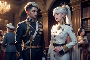 masterpiece,best quality, highly detailed, weiss schnee, scar across eye, long white hair, side ponytail, cowboy shot, ((she is wearing a military uniform, standing next to female officer)), standing in ornate library, crowd, (volumetric lighting), intricate details, tonemapping, sharp focus, hyper detailed poakl,