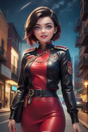 masterpiece,best quality, highly detailed, ruby_rose,1girl,solo,looking_at_viewer, smile, cowboy shot, walking, in futuristic city street, night, stars, military officers on patrol, poakl