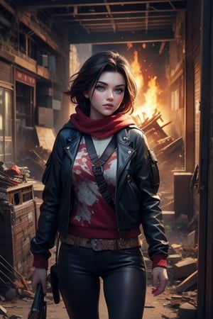 masterpiece,best quality, highly detailed, ruby_rose, looking_at_viewer, cowboy shot, standing, in cityscape, inside wrecked store, female military on street, post-war ruins in distance, bonfire, post-apocalypse, dystopian future, poakl