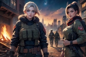 masterpiece,best quality, highly detailed, ruby_rose, looking_at_viewer,  cowboy shot, standing, with white haired female military officer, officer with long white ponytail, in futuristic city street, night, stars, female military on street, post-war ruins in distance, bonfire, post-apocalypse, dystopian future, poakl