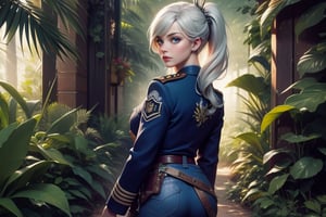  masterpiece,best quality, highly detailed, weiss schnee, scar across eye, long white hair, side ponytail, viewer looking from behind, cowboy shot, she is wearing a military uniform, walking with military officer in tropical rainforest, lush vegitation, disused building,  other military officers are present with weapons (volumetric lighting), intricate details, tonemapping, sharp focus, hyper detailed poakl, 