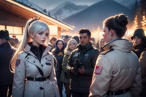 masterpiece,best quality, highly detailed, weiss schnee, scar across eye, long white hair, side ponytail, cowboy shot, she is wearing a white coat over military uniform, next to black haired female military officer on snow covered mountain slope, near ski lodge, other military officers are present, crowd, (volumetric lighting), intricate details, tonemapping, sharp focus, hyper detailed poakl,