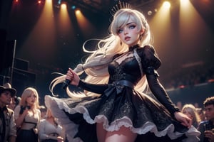  masterpiece,best quality, highly detailed, weiss schnee,1girl,solo,scar across eye,  cowboy shot, performing in huge concert hall, on stage, in (beautiful black dress), microphone, audience,  (volumetric lighting), intricate details, tonemapping, sharp focus, hyper detailed poakl, 