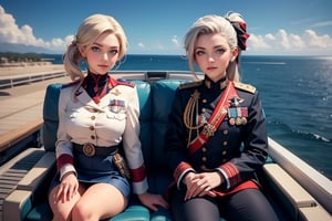 masterpiece,best quality, highly detailed, ruby_rose, looking_at_viewer, ((cowboy shot)), wearing military uniform, sitting, with white haired female military officer, officer with long white ponytail, in private jet above the sea,  other military officers on jet, poakl