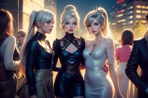 masterpiece,best quality, highly detailed, weiss schnee, scar across eye, long white hair, side ponytail, cowboy shot,  she is standing with 2 women, wearing casual clothes, talking, cityscape, crowd, (volumetric lighting), intricate details, tonemapping, sharp focus, hyper detailed poakl,