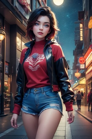 masterpiece,best quality, highly detailed, ruby_rose,1girl,solo,looking_at_viewer, cowboy shot, walking, in futuristic city street, night, stars, poakl