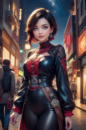 masterpiece,best quality, highly detailed, ruby_rose,1girl,solo,looking_at_viewer, smile, cowboy shot, walking, in futuristic city street, night, stars, poakl