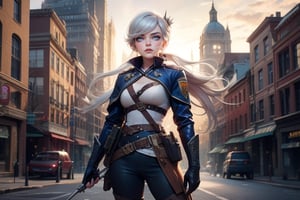  masterpiece,best quality, highly detailed, weiss schnee,1girl,solo,scar across eye,  cowboy shot, wearing military uniform, standing with fellow officer in cityscape, (volumetric lighting), intricate details, tonemapping, sharp focus, hyper detailed poakl, 