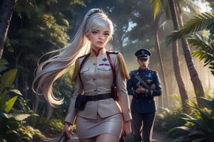  masterpiece,best quality, highly detailed, weiss schnee, scar across eye, long white hair, side ponytail, cowboy shot, she is wearing a military uniform, walking with military officer in tropical rainforest, lush vegitation, disused building,  other military officers are present with weapons (volumetric lighting), intricate details, tonemapping, sharp focus, hyper detailed poakl, 