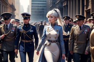 masterpiece,best quality, highly detailed, weiss schnee, scar across eye, long white hair, side ponytail, cowboy shot, looking at viewer, ((she is wearing a military uniform, walking next to fellow officers)), outside palace, military guests arriving, crowd, (volumetric lighting), intricate details, tonemapping, sharp focus, hyper detailed poakl,