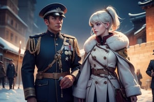 masterpiece,best quality, highly detailed, weiss schnee, scar across eye, long white hair, side ponytail, cowboy shot, she is armed and  wearing a military uniform, next to female officer who has short black hair, standing on snow covered great wall of china, other military officers are present, crowd, (volumetric lighting), intricate details, tonemapping, sharp focus, hyper detailed poakl,