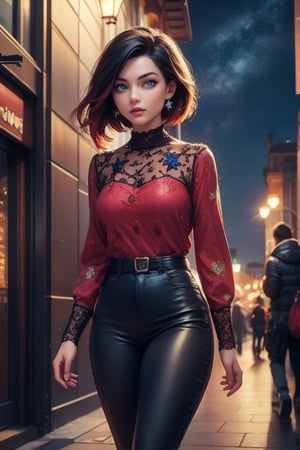 masterpiece,best quality, highly detailed, ruby_rose,1girl,solo,looking_at_viewer, cowboy shot, walking, in futuristic city street, night, stars, poakl