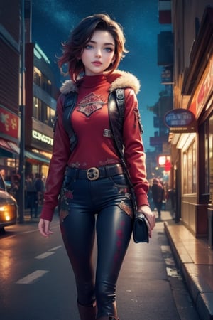 masterpiece,best quality, highly detailed, ruby_rose,1girl,solo,looking_at_viewer, cowboy shot, walking, in futuristic city street, night, stars, poakl