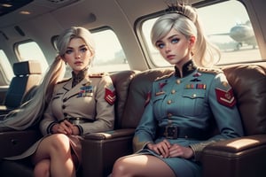 masterpiece,best quality, highly detailed, weiss schnee, scar across eye, long white hair, side ponytail, cowboy shot, she is wearing a military uniform, sitting with military officer in private jet,  other military officers are present (volumetric lighting), intricate details, tonemapping, sharp focus, hyper detailed poakl,