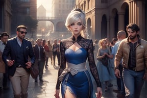  masterpiece,best quality, highly detailed, cowboy shot, weiss schnee,1girl,solo,scar across eye, walking with male guest in immense courtyard, near  fountain, crowd, (volumetric lighting), intricate details, tonemapping, sharp focus, hyper detailed poakl, 