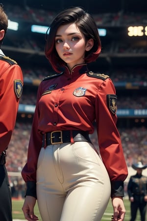 masterpiece,best quality, highly detailed, ruby_rose, very short black hair with red highlights, looking_at_viewer, ((cowboy shot)), wearing military uniform, standing with fellow female officers, standing in stadium, small crowd, spectators, poakl