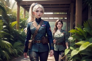  masterpiece,best quality, highly detailed, weiss schnee, scar across eye, long white hair, side ponytail, cowboy shot, she is wearing a military uniform, walking with military officer in tropical rainforest, lush vegitation, disused building,  other military officers are present with weapons (volumetric lighting), intricate details, tonemapping, sharp focus, hyper detailed poakl, 