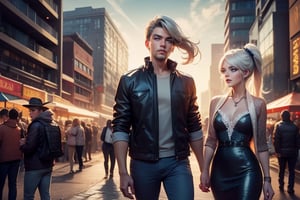 masterpiece,best quality, highly detailed, weiss schnee, scar across eye, long white hair, side ponytail, cowboy shot,  she is standing with 1 man and 1 woman, wearing casual clothes, talking, cityscape, crowd, (volumetric lighting), intricate details, tonemapping, sharp focus, hyper detailed poakl,