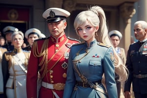 masterpiece,best quality, highly detailed, weiss schnee, scar across eye, long white hair, side ponytail, cowboy shot, looking at viewer, ((she is wearing a military uniform, standing next to fellow officer)), standing outside,  palace, military guests arriving, crowd, (volumetric lighting), intricate details, tonemapping, sharp focus, hyper detailed poakl,