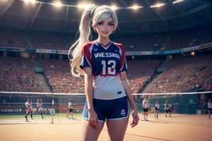 masterpiece,best quality, highly detailed, weiss schnee, looking at viewer, scar across eye, long white hair, side ponytail, smile, cowboy shot, (she is standing on vollyball court, inside sport stadium (standing with team)), crowd, (volumetric lighting), intricate details, tonemapping, sharp focus, hyper detailed poakl,