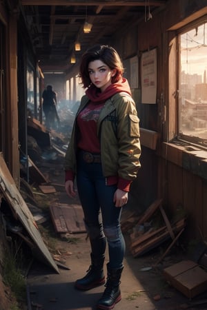 masterpiece,best quality, highly detailed, ruby_rose, looking_at_viewer, cowboy shot, standing, in cityscape, inside wrecked store, female military on street, post-war ruins in distance, bonfire, post-apocalypse, dystopian future, poakl