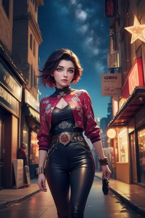 masterpiece,best quality, highly detailed, ruby_rose,1girl,solo,looking_at_viewer, cowboy shot, walking, in futuristic city street, night, stars, poakl