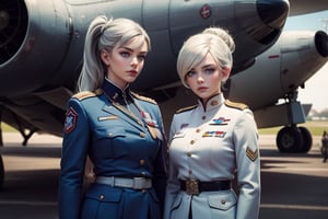 masterpiece,best quality, highly detailed, weiss schnee, scar across eye, long white hair, side ponytail, cowboy shot, she is wearing a military uniform, standing with female military officer in front of private jet,  other military officers are present (volumetric lighting), intricate details, tonemapping, sharp focus, hyper detailed poakl,