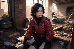 masterpiece,best quality, highly detailed, ruby_rose, looking_at_viewer, ((cowboy shot)), sitting with other female officers, sitting in collapsed school buildings, desks, bonfire, rubble, post-apocalypse, dystopian future,  poakl