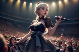  masterpiece,best quality, highly detailed, weiss schnee,1girl,solo,scar across eye,  cowboy shot, performing in huge concert hall, on stage, in (beautiful black dress), microphone, audience,  (volumetric lighting), intricate details, tonemapping, sharp focus, hyper detailed poakl, 