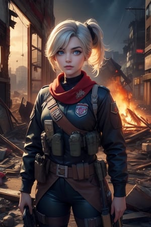 masterpiece,best quality, highly detailed, ruby_rose, looking_at_viewer, cowboy shot, standing, with white haired female military officer, officer with long white ponytail, in cityscape, inside wrecked store, female military on street, post-war ruins in distance, bonfire, post-apocalypse, dystopian future, poakl