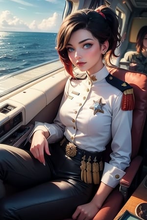 masterpiece,best quality, highly detailed, ruby_rose, looking_at_viewer, ((cowboy shot)), wearing military uniform, sitting, with white haired female military officer, officer with long white ponytail, in private jet above the sea,  other military officers on jet, poakl