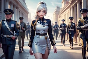 masterpiece,best quality, highly detailed, weiss schnee, scar across eye, long white hair, side ponytail, cowboy shot, looking at viewer, ((she is wearing a military uniform, walking next to fellow officers)), outside palace, military guests arriving, crowd, (volumetric lighting), intricate details, tonemapping, sharp focus, hyper detailed poakl,