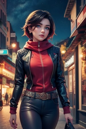 masterpiece,best quality, highly detailed, ruby_rose,1girl,solo,looking_at_viewer, cowboy shot, walking, in futuristic city street, night, stars, poakl