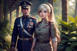  masterpiece,best quality, highly detailed, weiss schnee, scar across eye, long white hair, side ponytail, cowboy shot, she is wearing a military uniform, walking with military officer in tropical rainforest, lush vegitation, disused building,  other military officers are present with weapons (volumetric lighting), intricate details, tonemapping, sharp focus, hyper detailed poakl, 