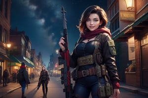 masterpiece,best quality, highly detailed, ruby_rose,1girl,solo,looking_at_viewer, smile, cowboy shot, patrolling with female military, in futuristic city street, night, stars, female military with weapons, poakl